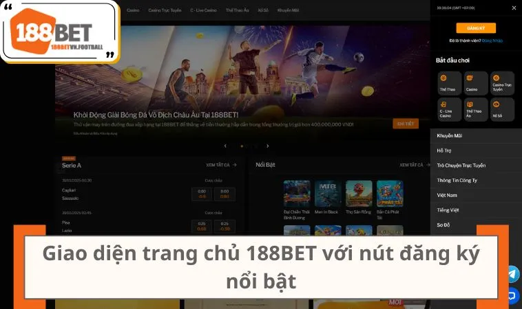 Đăng Ký 188BET 1 Giao diện trang chủ 188BET với nút đăng ký nổi bật ở góc phải