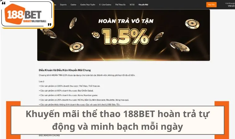 Khuyến Mãi 188BET 2 Khuyến mãi thể thao 188BET hoàn trả tự động và minh bạch mỗi ngày